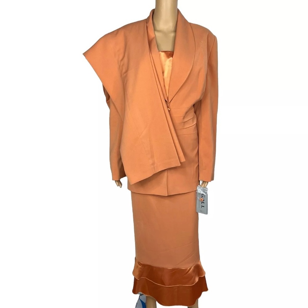 GMI Polyester Skirt Suit Pant Faded Tangerine Ruffle Shawl Collar 3PC